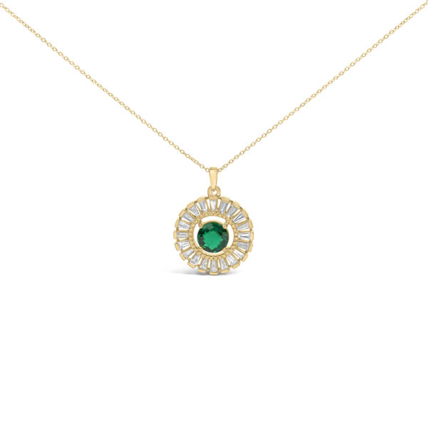 14K Yellow Gold Plated Silver Lab Grown Emerald and Diamond Sunburst Medallion Pendant Necklace - Sterling Silver