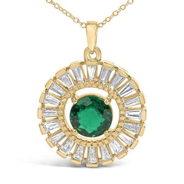 14K Yellow Gold Plated Silver Lab Grown Emerald and Diamond Sunburst Medallion Pendant Necklace - Sterling Silver - alternate view 2