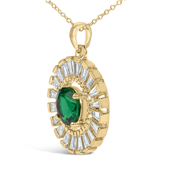 14K Yellow Gold Plated Silver Lab Grown Emerald and Diamond Sunburst Medallion Pendant Necklace - Sterling Silver - alternate view 3