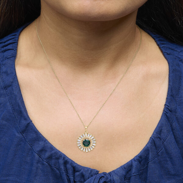 14K Yellow Gold Plated Silver Lab Grown Emerald and Diamond Sunburst Medallion Pendant Necklace - Sterling Silver - alternate view 5