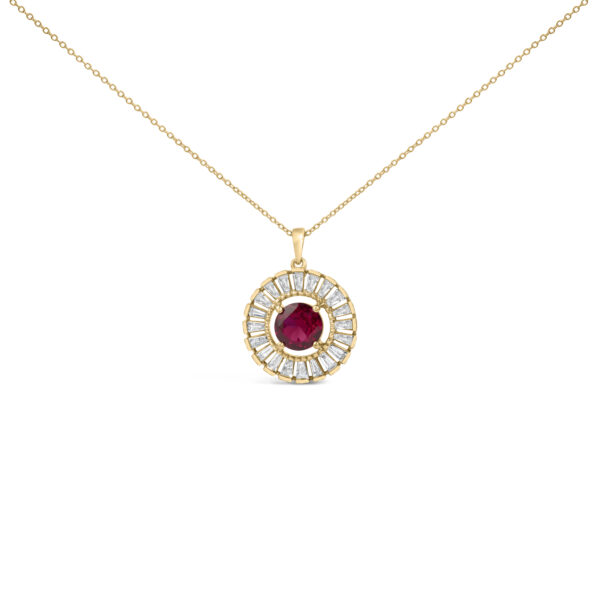 Round 14K gold plated sterling silver medallion pendant with a red center stone and diamond border, on a chain