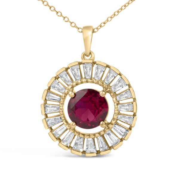 Close angle of the medallion pendant showing the ruby center stone and surrounding diamond border