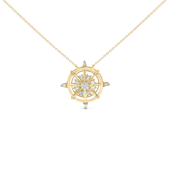 Compass-shaped pendant in 14K yellow gold plated sterling silver with prong-set diamonds, on a cable chain