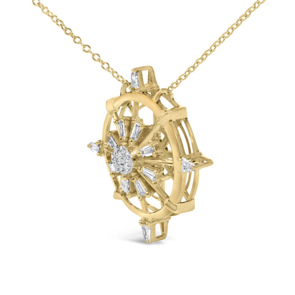Side angle of the compass pendant and cable chain showing the spring ring clasp