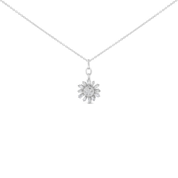 Starburst medallion pendant in rhodium plated sterling silver with baguette and round diamonds, shown on cable chain