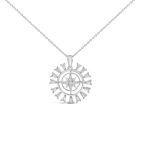 Starburst compass medallion pendant in rhodium plated sterling silver with baguette and round diamonds on a cable chain