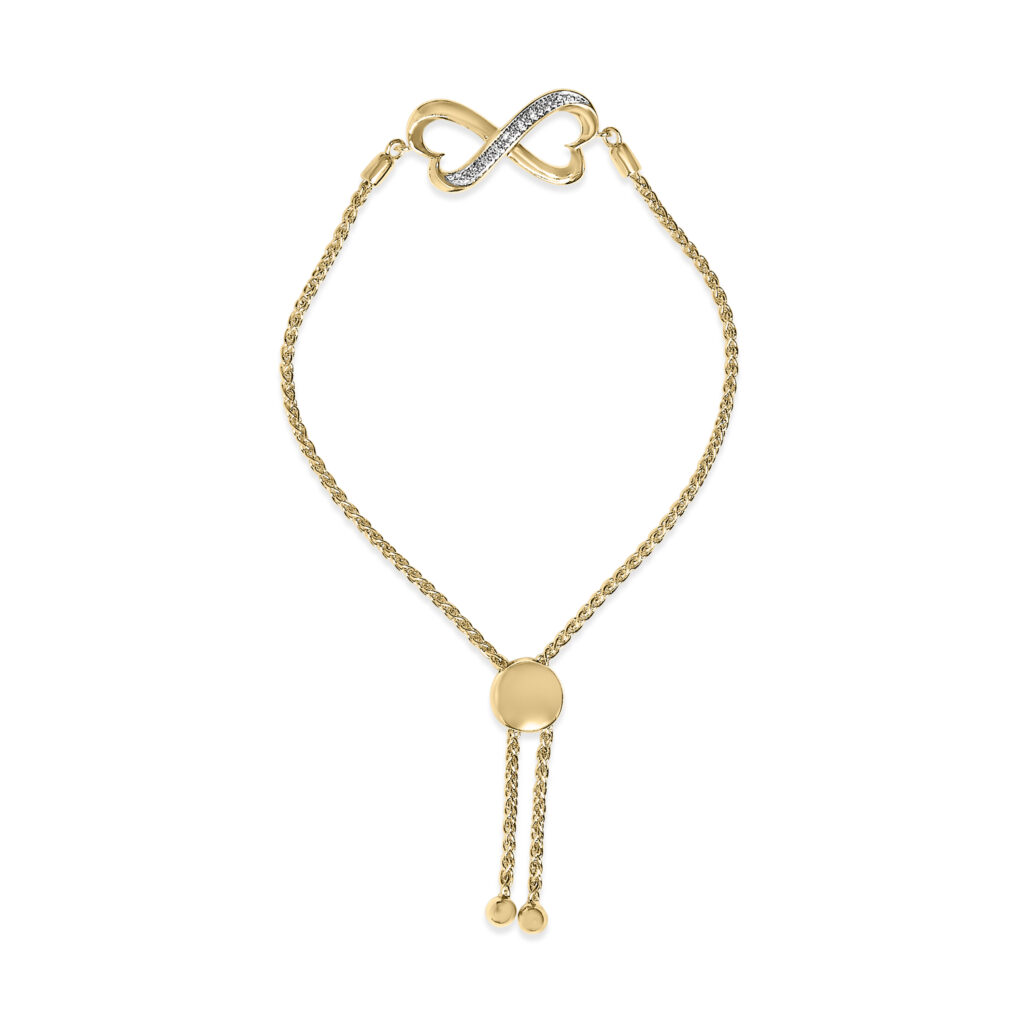 24K gold plated sterling silver bolo bracelet with an interlocking heart infinity design set with pave diamonds