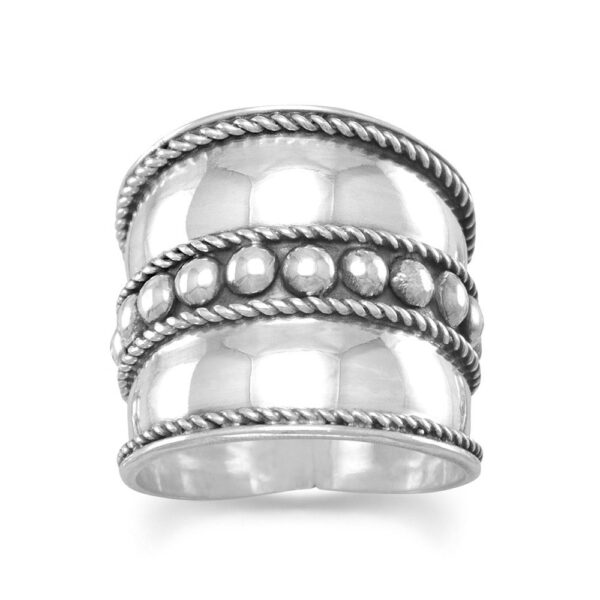 Wide cigar-band ring with a row of flat beads centered between rope-twist edges