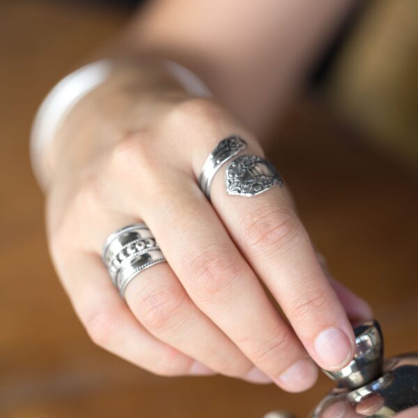 Bali-style ring photographed to show the full width of the cigar band and bead pattern