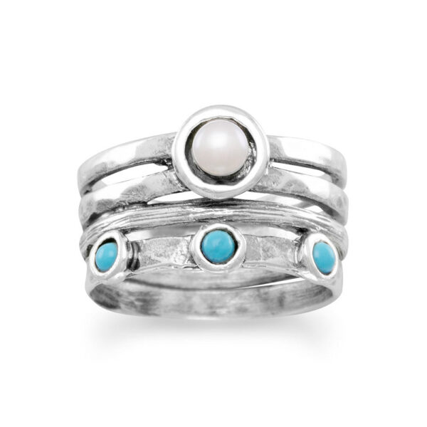 Oxidized split band ring with a round center stone and three round colored stones