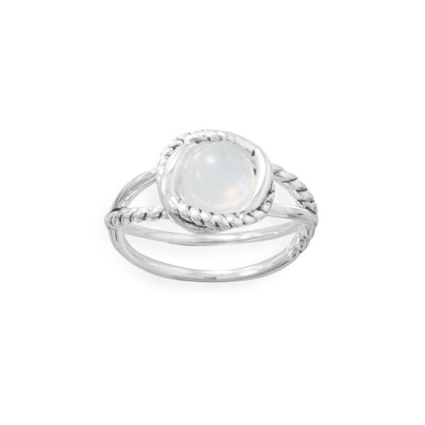 Criss-cross split band ring with a round cabochon stone in a roped halo setting