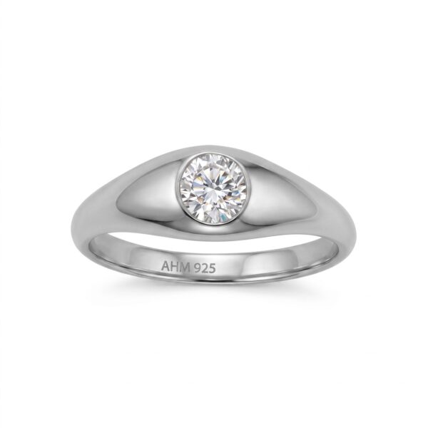 Rhodium plated ring with a bezel-set round solitaire stone on a tapered band