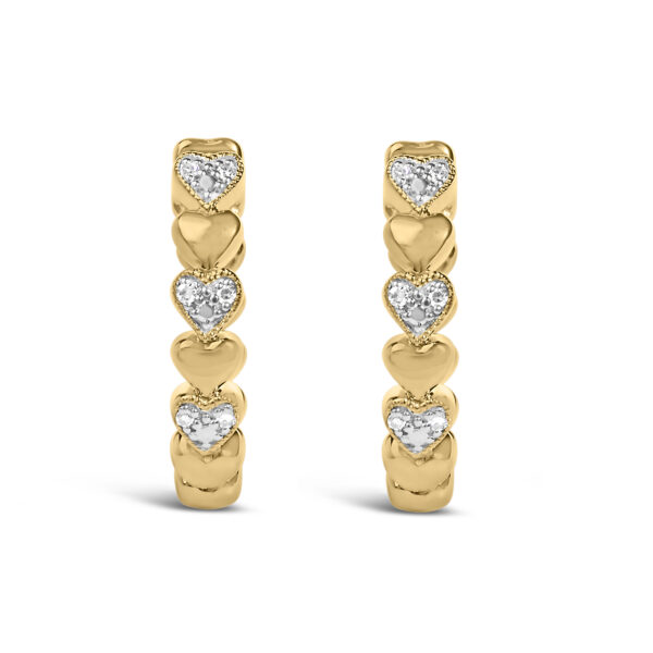 Mini heart hoop earring in 24K gold vermeil with pave-set round diamonds along the heart shapes