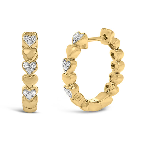 Side angle of a 24K gold vermeil heart hoop earring showing the latch-back closure