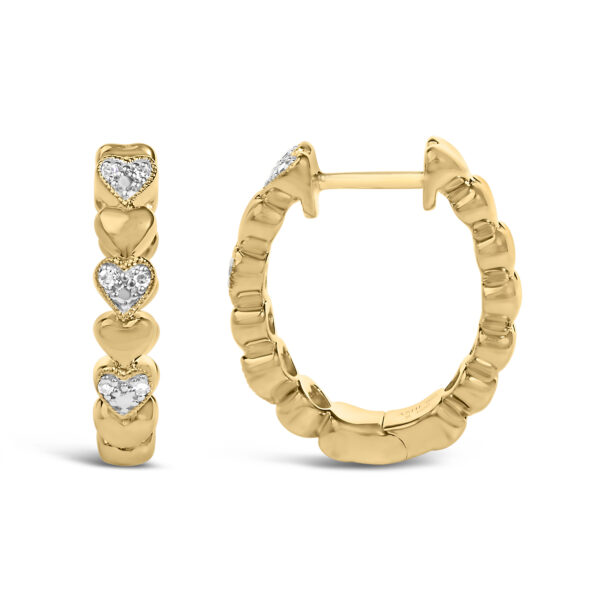 Close-up of pave-set round diamonds on a 24K gold vermeil heart hoop earring