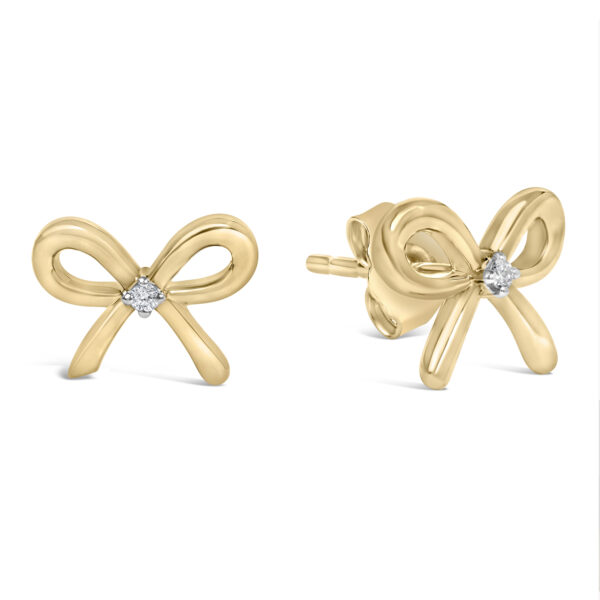 Side angle of the 24K gold vermeil bow earring showing the push back closure and post