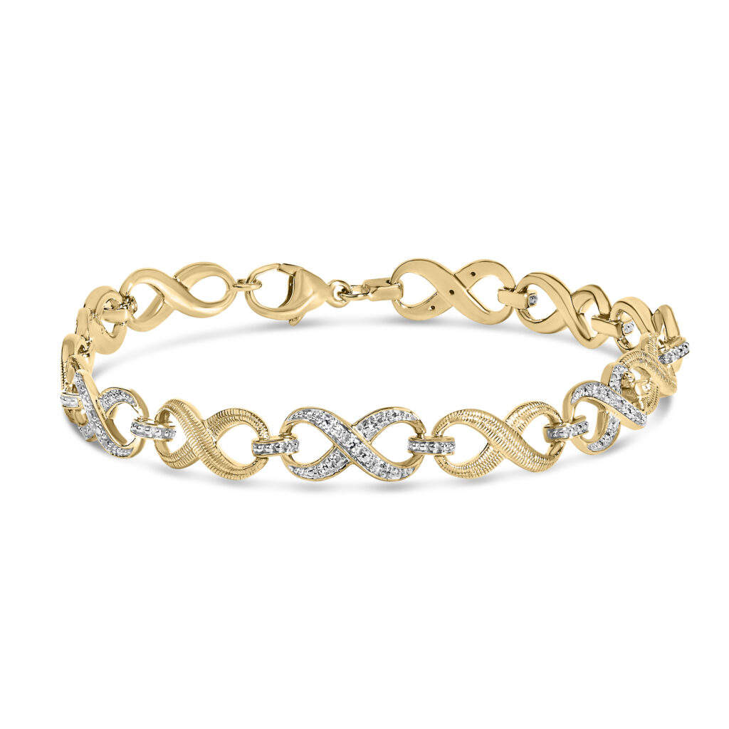 24K gold plated infinity link bracelet with pave-set round diamonds laid flat
