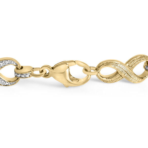 Close-up of pave diamonds set within the open infinity links of the bracelet