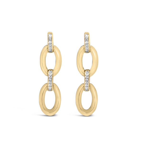 Bold open oval link earrings with pave-set round diamonds along the connecting bars, in yellow gold tone