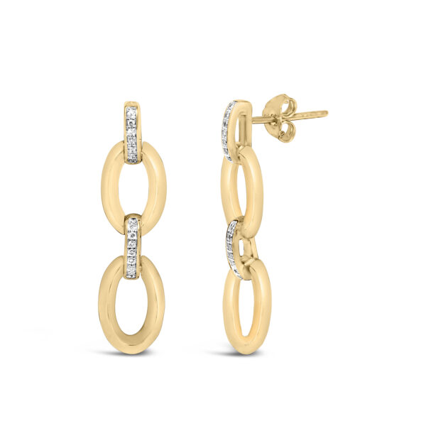 Side angle of the oval link earrings showing the push back closure and gold-toned metal surface