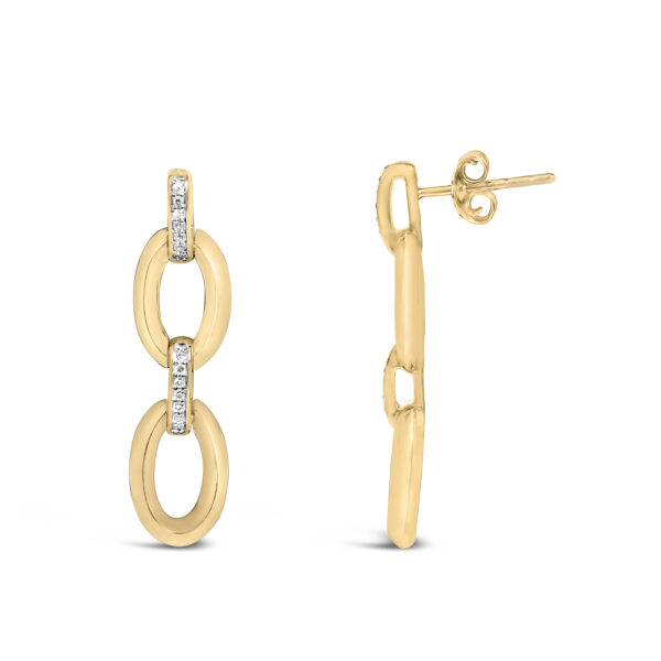 Close-up of the pave-set round diamonds on the earring's connecting bars