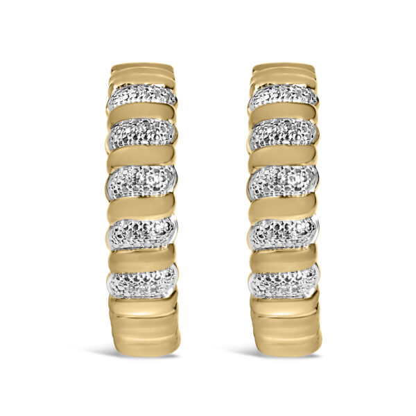 Ribbed 24K gold vermeil hoop earrings with pave-set round diamonds along the front surface