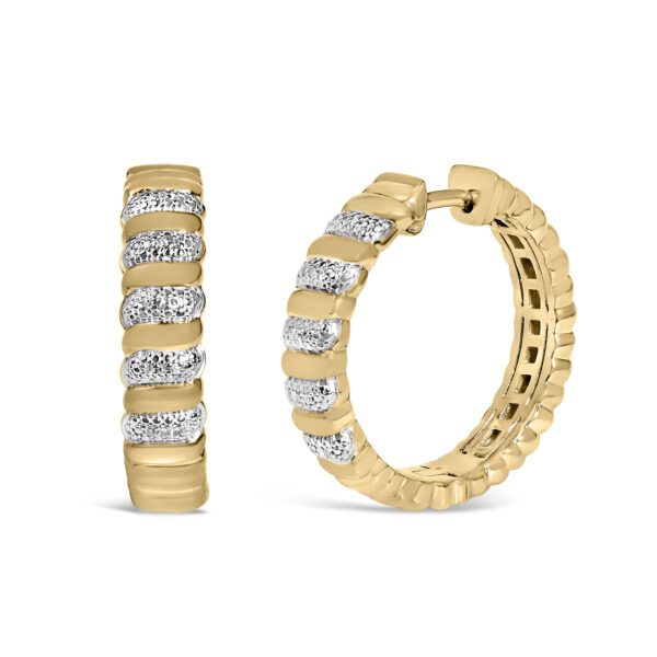 Side angle of ribbed diamond hoop earrings showing the latch back closure