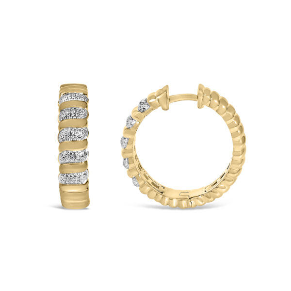 Close-up of pave-set round diamonds set into the ribbed 24K gold vermeil surface