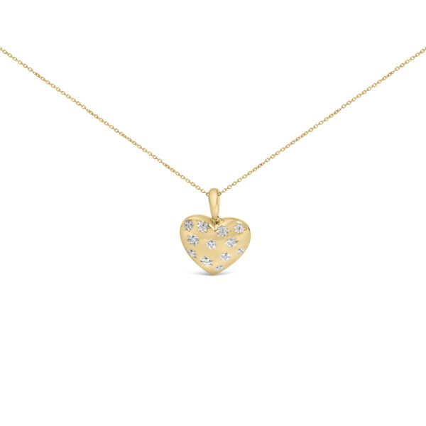 24K gold vermeil heart-shaped pendant with small round diamonds set across its surface, hanging from a cable chain