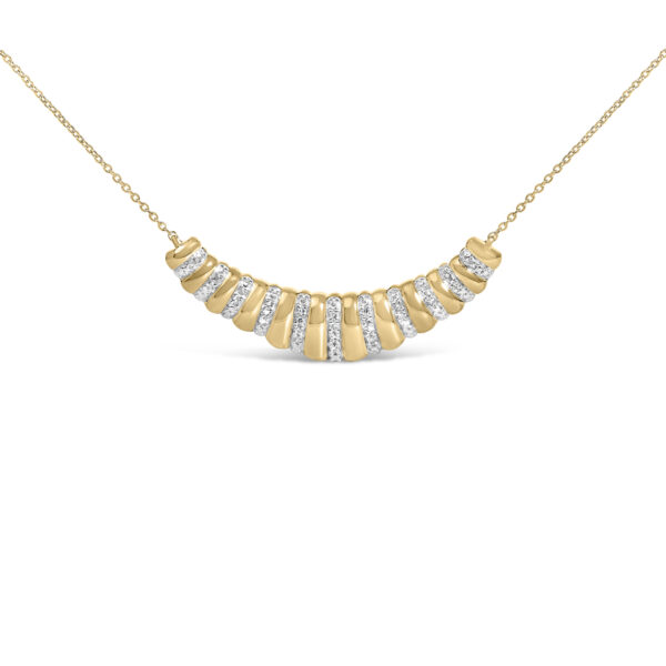 Side angle of the ribbed 24K gold vermeil pendant showing the curve of its bold form