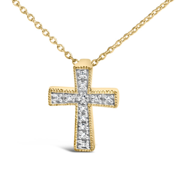 Side angle of the 24K gold vermeil cross pendant showing the chain bail and cable chain link