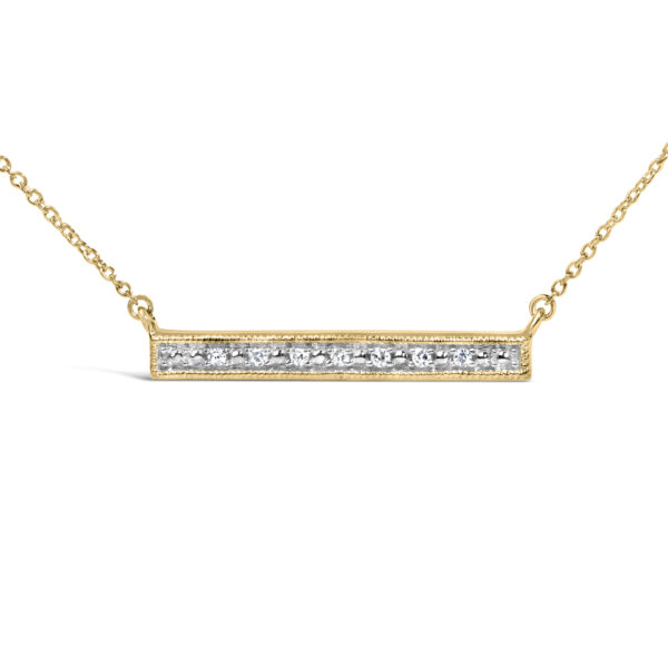 Close view of the bar pendant showing prong-set round diamonds