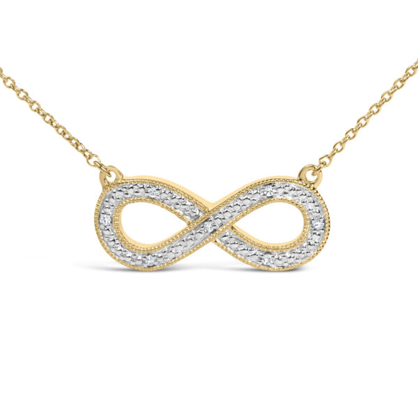 Close-up of the pendant's diamond pavé setting showing individual stones along the infinity curve
