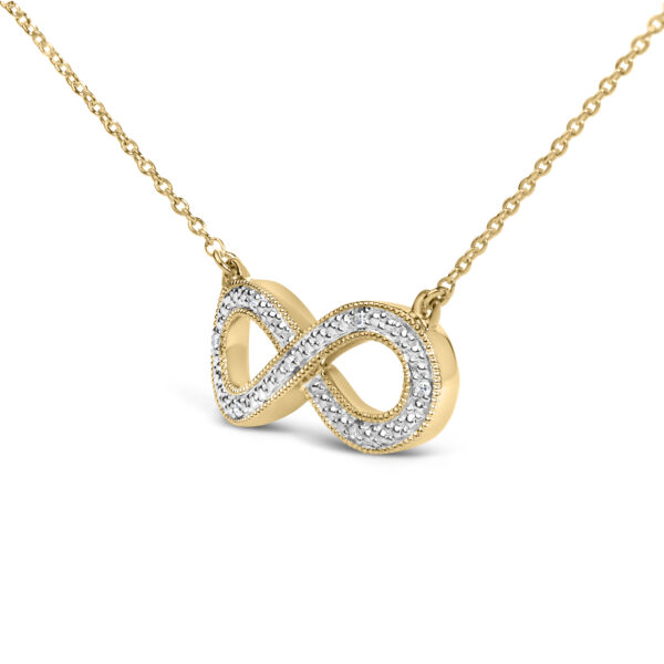Side angle of the infinity pendant showing the cable chain and spring ring clasp