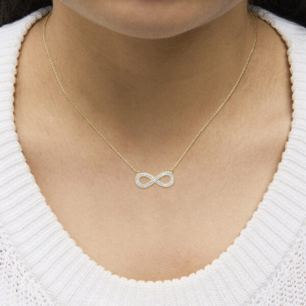 Necklace worn on a model, resting at the collarbone