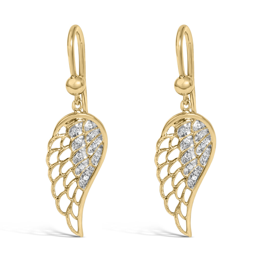 Angel wing drop earring in 24K gold vermeil with pave-set round diamonds along the wing shape