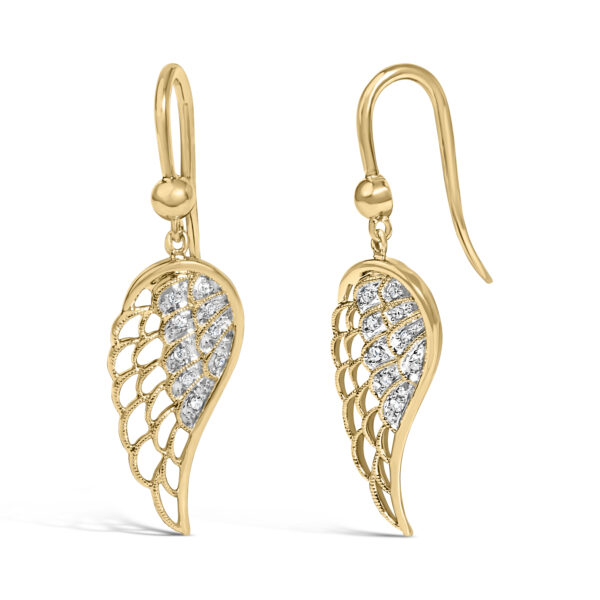 Side angle of the 24K gold vermeil angel wing earring showing the french wire hook closure