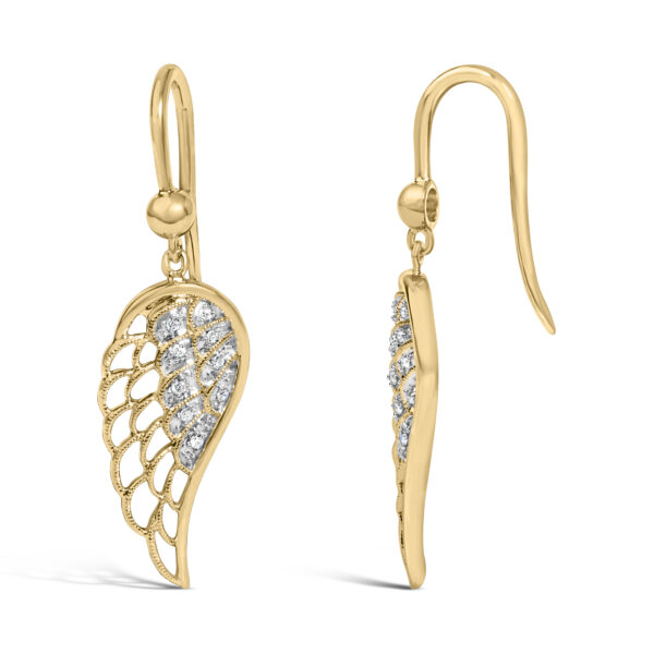 Close-up of pave-set round diamonds within the angel wing earring