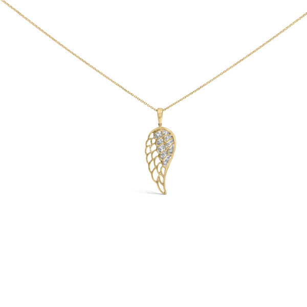 Angel wing pendant in 24K gold vermeil with pave-set round diamonds, shown on a plain background