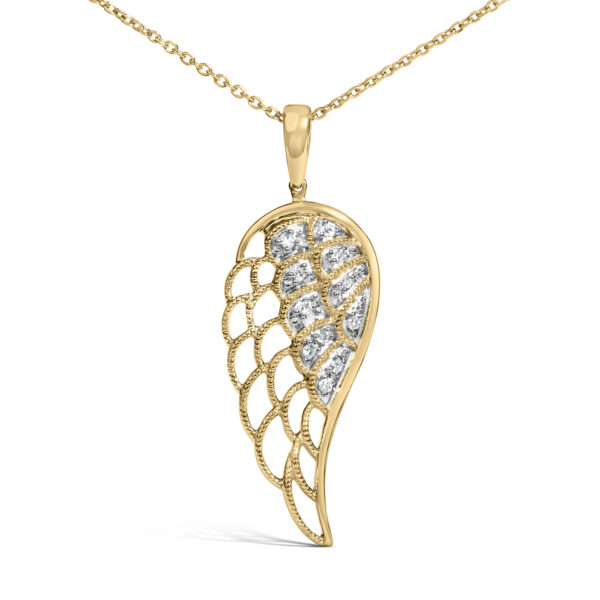 Angel wing pendant photographed from a different angle showing the bail and chain connection
