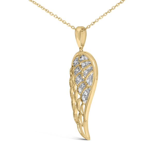 Close view of the wing pendant highlighting the pave-set round diamonds