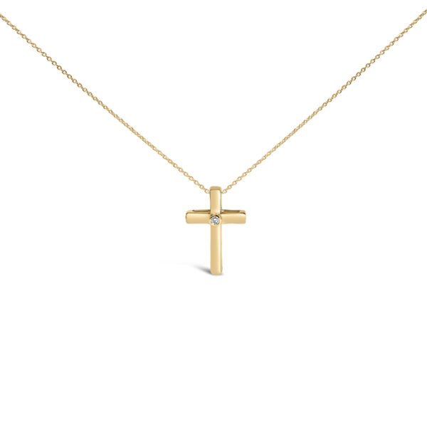 24K gold vermeil cross pendant with a small bezel-set round diamond at its center, on a cable chain