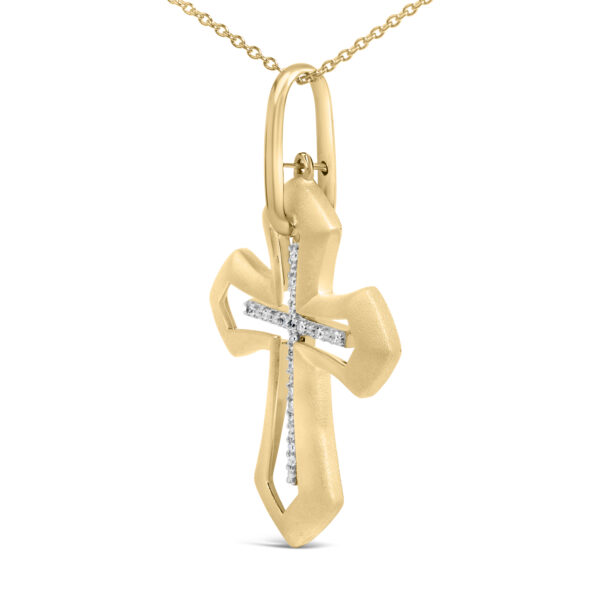 Close-up of the diamond accents set into the arms of the 24K gold vermeil cross pendant
