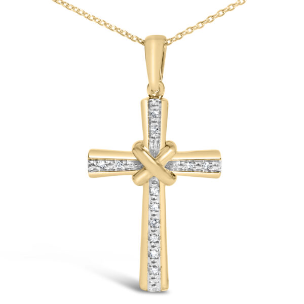 Cross pendant turned to show the side profile of the pave-set diamonds and chain