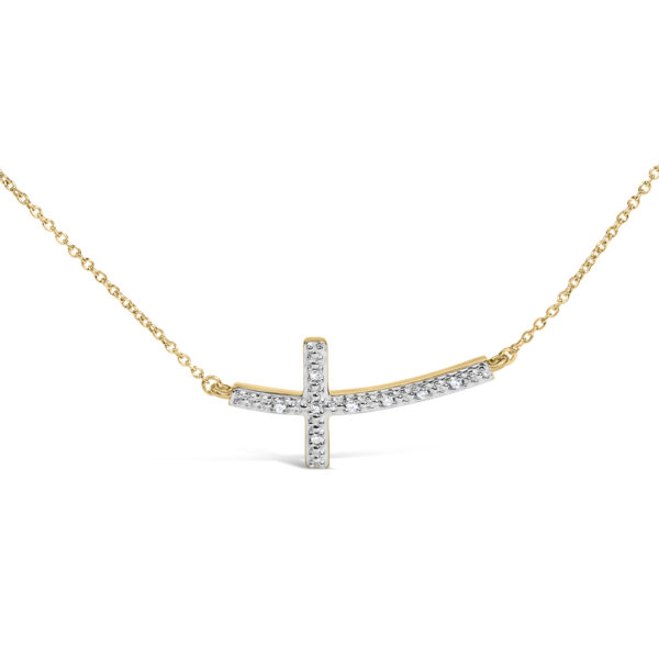Close-up of the diamond accents set into the cross bar pendant in a prong setting