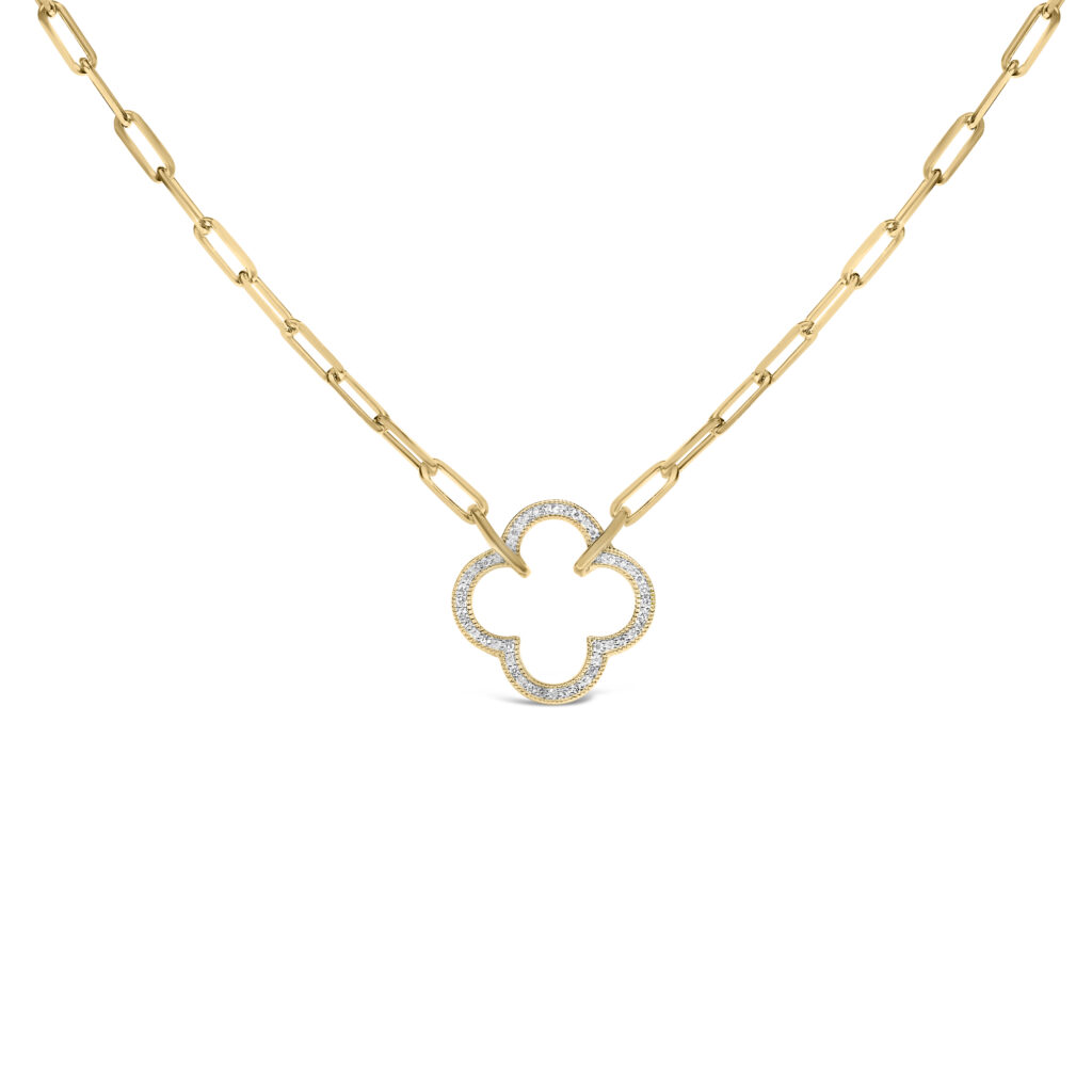Gold Vermeil 1/10 Cttw Diamond Paperclip Chain Clover Pendant Necklace - Sterling Silver