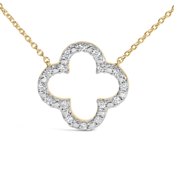 Side angle of the 24K gold vermeil clover pendant showing the prong-set diamonds and cable chain links