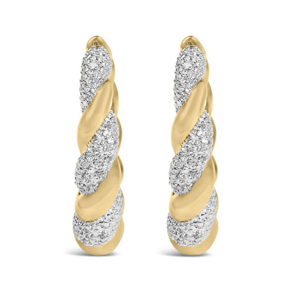 Gold rope-textured hoop earring set with a row of small pavé diamonds along the surface