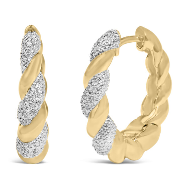 Side angle of the gold hoop earring showing the curve and depth of the rope texture