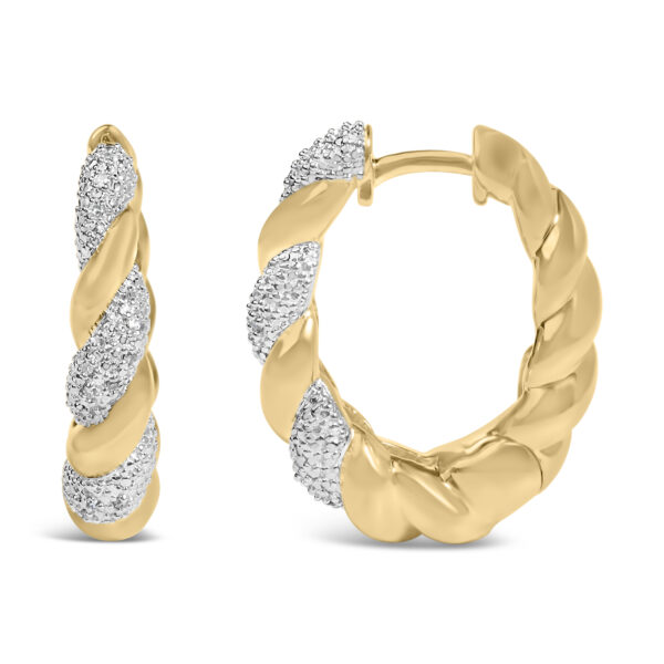 Close-up of the diamond pavé panel set into the gold rope hoop earring